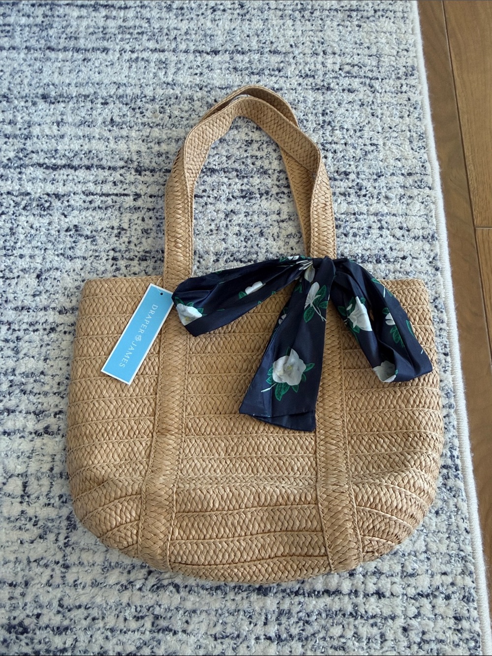 Draper James Tan Straw Bag with Navy Floral Scarf Accent
